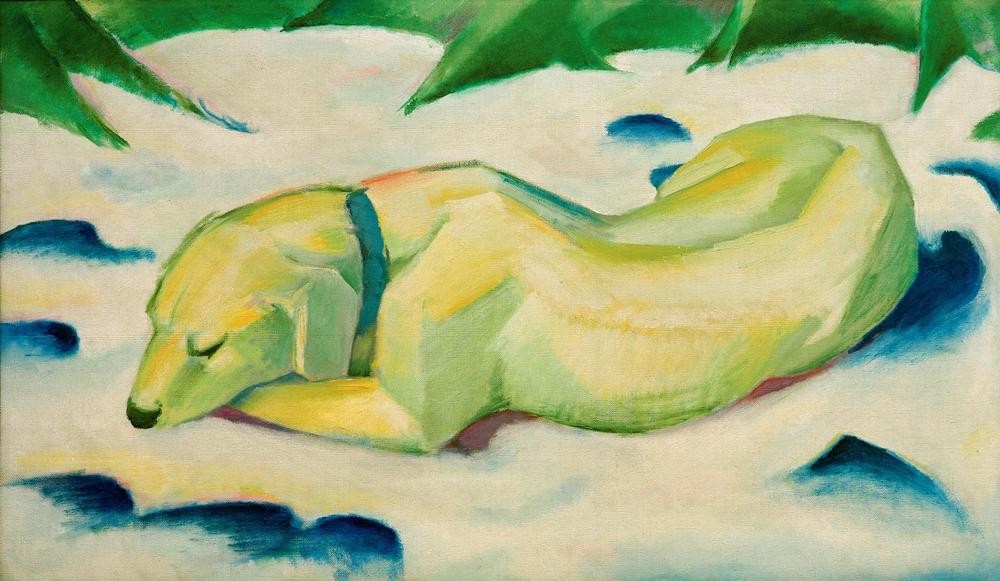 Franz Marc, Liegender Hund im Schnee (Deutsche Kunst,Jahreszeiten,Kunst,Winter,Zoologie,Schnee,Hund,Expressionismus,Der Blaue Reiter,Haustier,Tierleben,Tier,Liegen,Schlafen (Schlaf))