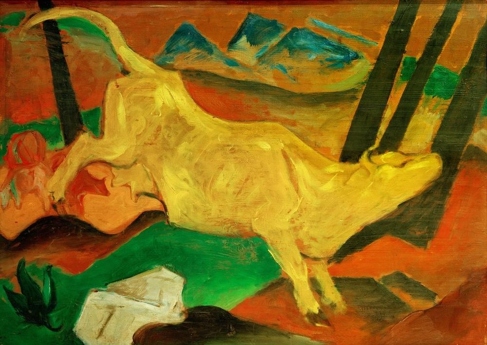 Franz Marc, Die gelbe Kuh (Deutsche Kunst,Kunst,Landschaft,Rind,Zoologie,Expressionismus,Der Blaue Reiter,Studie,Tier,Sprung,Gelb,Milchkuh,Nutztier,Farbe)