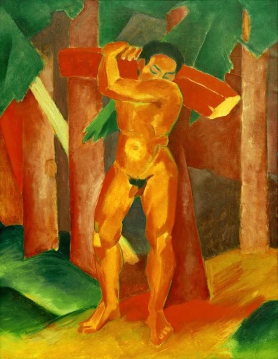 Franz Marc, Holzträger (Deutsche Kunst,Kunst,Landschaft,Mann,Mensch,Holz,Wald,Akt,Expressionismus,Der Blaue Reiter,Träger,Tragen,Auf Den Schultern Tragen,Balken)