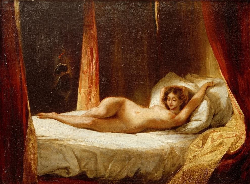 Eugene Delacroix, Odalisque, ou Femme nue couchée avec le valet de chambre (Bett,Dienstboten,Erotik,Frau,Völkerkunde,Akt,Orientalismus,Harem,Französische Kunst,Odaliske,Erotische Kunst,Romantik,Liegen,Kammerdiener)