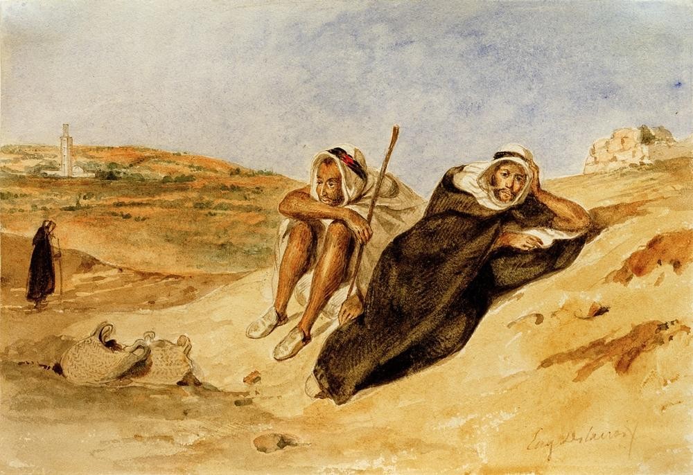 Eugene Delacroix, Zwei ruhende Araber (Rast,Völkerkunde,Orientalismus,Reise,Fussreise,Französische Kunst,Wanderer,Ausruhen,Wanderstock)
