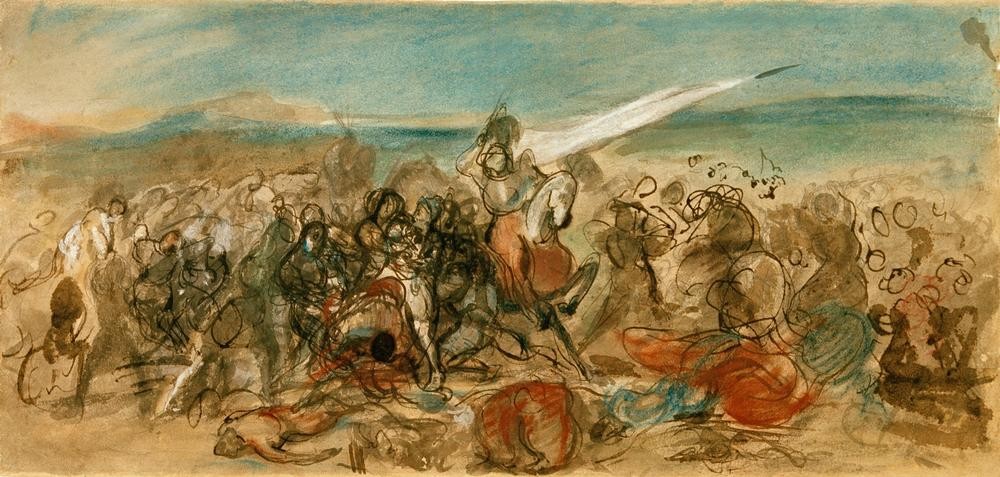 Eugene Delacroix, Die Schlacht von Poitiers (Geschichte,Krieg,Ritter,Schlacht,Hundertjähriger Krieg,Studie,Französische Kunst,Reiterschlacht)