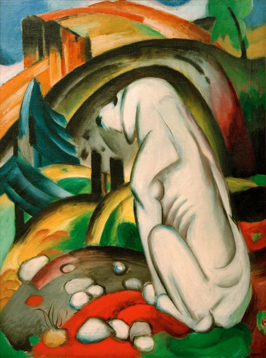 Franz Marc, Der weiße Hund (Hund vor der Welt) (Deutsche Kunst,Kunst,Landschaft,Zoologie,Hund,Expressionismus,Der Blaue Reiter,Haustier,Betrachten,Tier,Sitzen,Weiss (Farbe),Farbe)