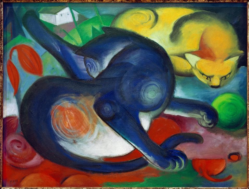 Franz Marc, Zwei Katzen, blau und gelb (Entartete Kunst,Deutsche Kunst,Katze (Tier),Kunstausstellung,Kunst,Nationalsozialismus,Zoologie,Expressionismus,Der Blaue Reiter,Haustier,Tierleben,Tier,Blau,Gelb,Farbigkeit,Farbe)