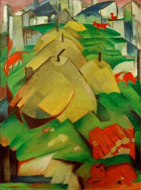 Franz Marc, Alpenszene (Streuhocken) (Deutsche Kunst,Gebirge,Kunst,Landschaft,Rind,Heu,Expressionismus,Der Blaue Reiter,Heuschober,Tier,Landwirtschaft)