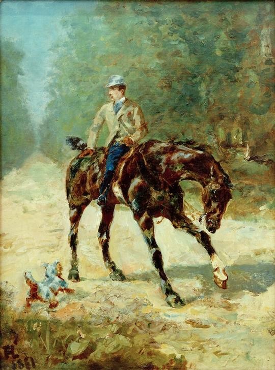 Henri de Toulouse-Lautrec, Cavalier M. du Passage (Mann,Freizeit,Impressionismus,Reiter,Hund,Reitkleidung,Reise,Französische Kunst,Scheuen,Reiten,Gerte,Bellen)