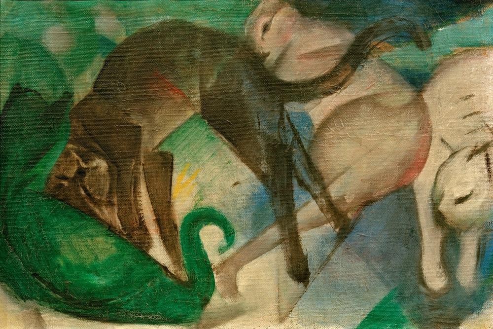 Franz Marc, Spielende Katzen (Katzenbild) (Deutsche Kunst,Katze (Tier),Kunst,Spiel,Zoologie,Expressionismus,Der Blaue Reiter,Haustier,Tierleben,Tier)