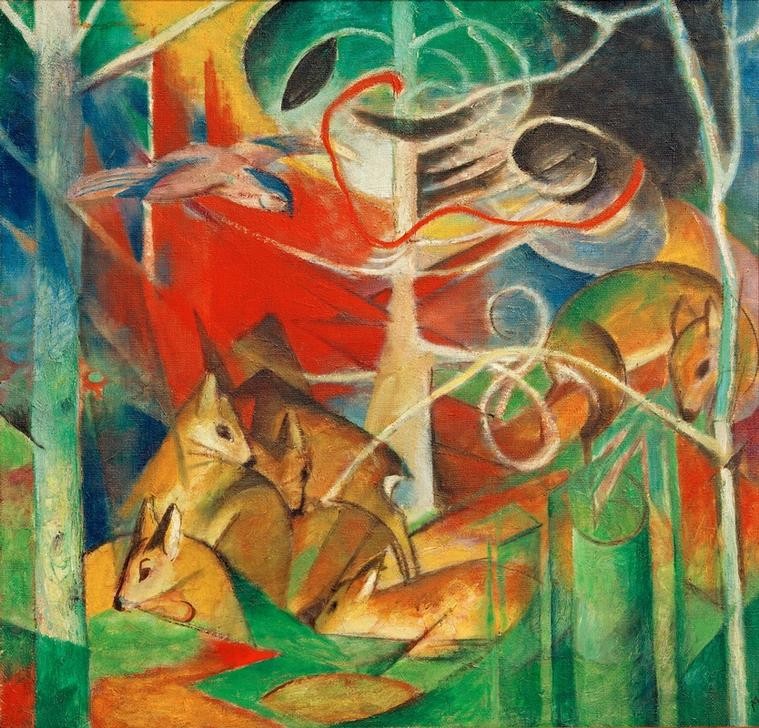 Franz Marc, Rehe im Walde I (Deutsche Kunst,Kunst,Landschaft,Zoologie,Wald,Expressionismus,Der Blaue Reiter,Reh,Rotwild,Tier,Wild,Farbigkeit)