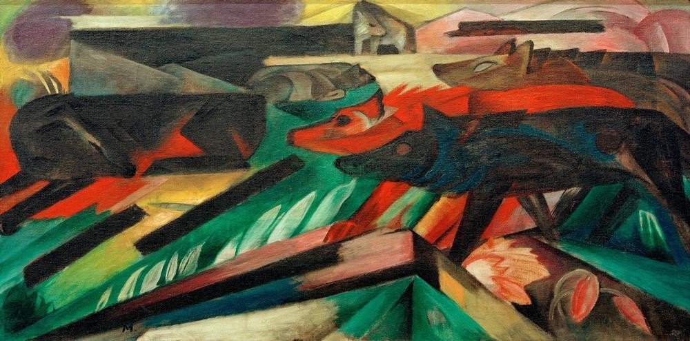 Franz Marc, Die Wölfe (Balkankrieg) (Deutsche Kunst,Geschichte,Krieg,Kunst,Wolf,Zoologie,Expressionismus,Der Blaue Reiter,Raubtier,Tier,Balkankriege)