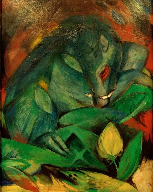 Franz Marc, Eber und Sau (Wildschweine) (Deutsche Kunst,Kunst,Schwein,Wildschwein,Zoologie,Expressionismus,Der Blaue Reiter,Schwarzwild,Tier,Eber,Monogramm,Wild,Bache,Farbigkeit,Tierpaar,Sau)