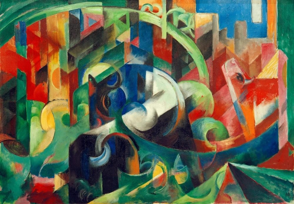 Franz Marc, Rinder (Bild mit Rindern I) (Deutsche Kunst,Kunst,Rind,Zoologie,Kubismus,Expressionismus,Der Blaue Reiter,Tier,Monogramm,Farbigkeit,Nutztier)