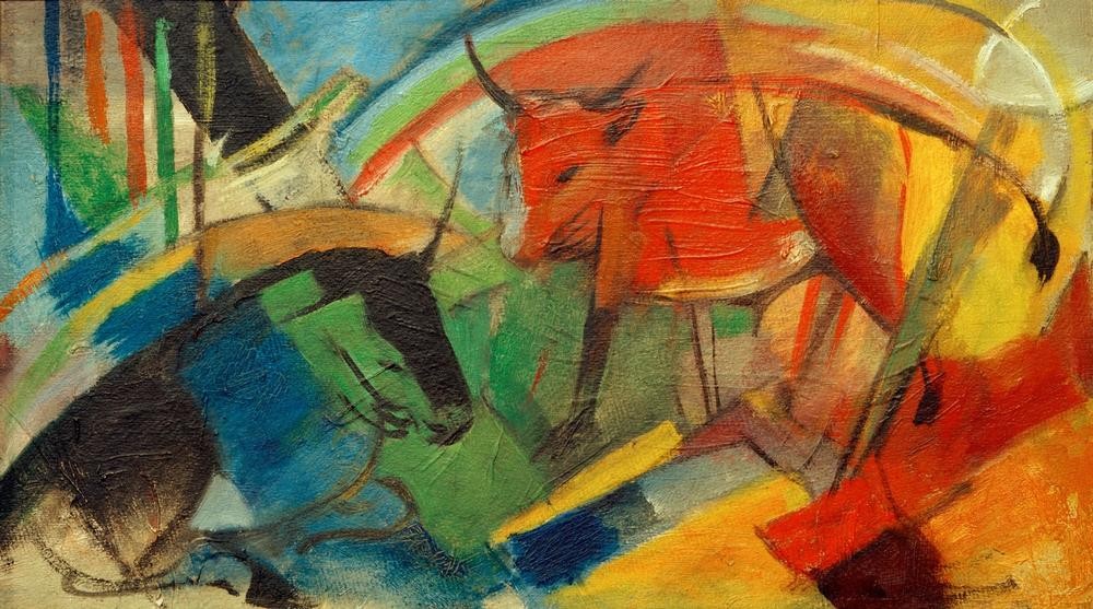 Franz Marc, Kleines Bild mit Rindern (Deutsche Kunst,Kunst,Rind,Zoologie,Regenbogen,Expressionismus,Der Blaue Reiter,Tier,Farbigkeit,Nutztier)