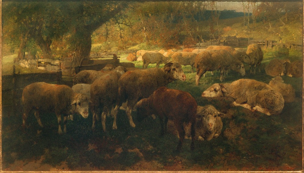 Heinrich von Zügel, Schafe unter Bäumen (Biologie,Deutsche Kunst,Kunst,Landschaft,Schafzucht,Sezession,Zoologie,Realismus,Baum,Wiese,Schaf,Tierleben,Tier,Schafherde,Herde,Münchner Sezession,Landwirtschaft,Viehzucht,Signatur)
