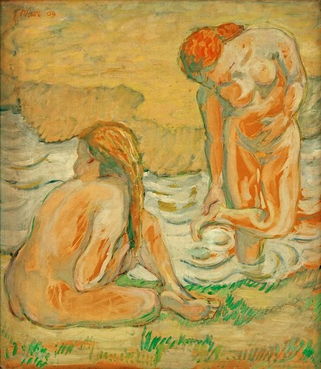 Franz Marc, Aktkomposition II (Zwei badende Frauen) (Körperpflege, Bad, Fluß, Frauen, Aktmalerei,  klassische Moderne, Expressionismus,  Wohnzimmer, Treppenhaus, Wunschgröße)