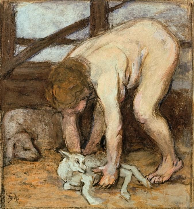 Franz Marc, Akt mit Zicklein (Ziege, Zicklein, Aktmalerei, Stall, Frau, klassische Moderne, Expressionismus,  Wohnzimmer, Wunschgröße)