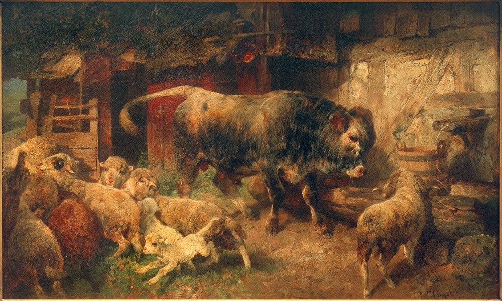 Heinrich von Zügel, Der Monarch (Biologie,Deutsche Kunst,Kunst,Rinderzucht,Rind,Schafzucht,Sezession,Zoologie,Trinken,Durst,Realismus,Widder (Tier),Tränke,Stall,Schaf,Genre,Tierleben,Tierhaltung,Lamm,Tier,Schafherde,Herde,Jungtier,Vieh,Tränken,Münchner Sezession,Viehtränke,Kraft,Nutztier)