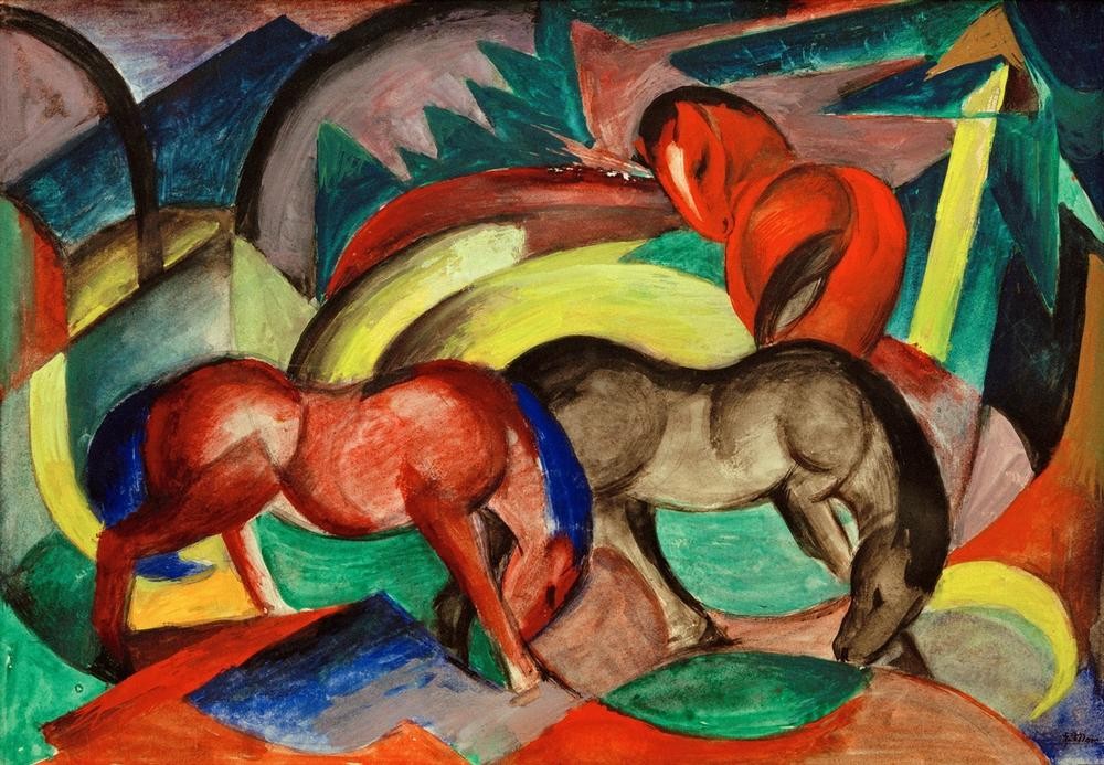 Franz Marc, Drei Pferde (Landschaft, Pferde, Tiere, klassische Moderne, Expressionismus, Wohnzimmer, Treppenhaus, Wunschgröße)