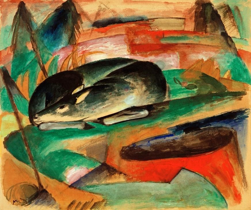 Franz Marc, Schlafendes Reh (Reh, Rotwild, Tier, Wild, Schlafend, Landschaft, klassische Moderne, Expressionismus, Wohnzimmer, Treppenhaus, Wunschgröße)