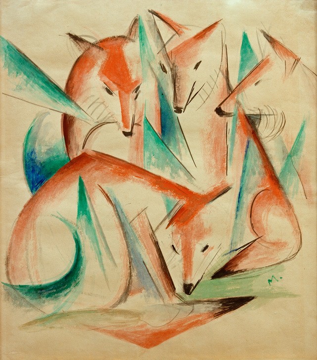 Franz Marc, Vier Füchse (Füchse, Waldtiere, Tiere, filigran, abstrahiert, klassische Moderne, Expressionismus, Wohnzimmer, Treppenhaus, Wunschgröße)