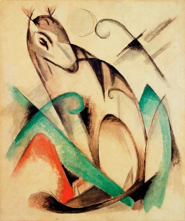 Franz Marc, Sitzendes Fabeltier (Fabeltier, Fantasie, Mythologie, Fabelwesen, abstrahiert, klassische Moderne, Expressionismus, Wohnzimmer, Treppenhaus, Wunschgröße)