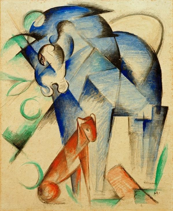 Franz Marc, Fabeltiere (Blaues Pferd und roter Hund) (Fabeltier, Pferd, Hund,  Fantasie, Fabelwesen, abstrahiert, klassische Moderne, Expressionismus, Wohnzimmer, Treppenhaus, Wunschgröße)