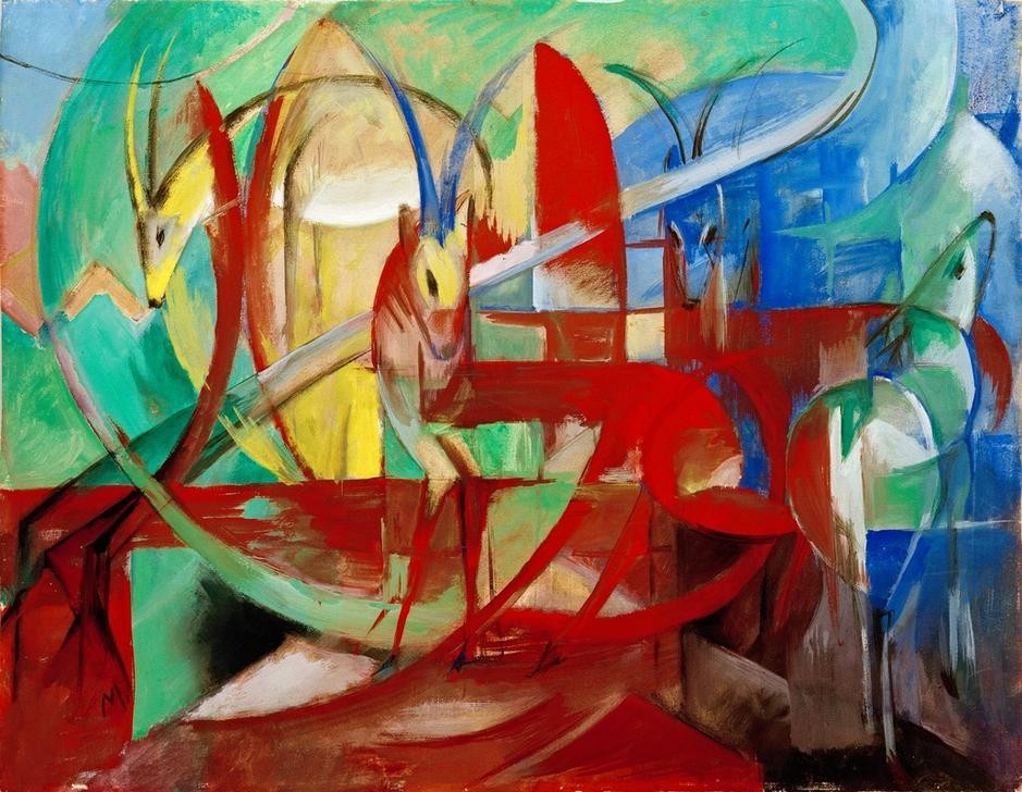 Franz Marc, Gazellen (Antilope, Gazelle, abstrahiert, klassische Moderne, Expressionismus, Wohnzimmer, Treppenhaus, Wunschgröße)