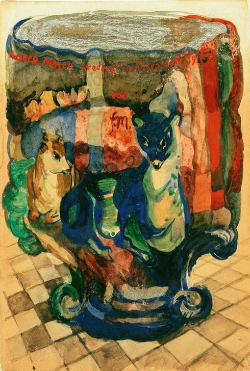 Franz Marc, Pokal mit Fuchs und Rehbock (Fuchs, Pokal, Reh, abstrahiert, klassische Moderne, Expressionismus, Wohnzimmer, Treppenhaus, Wunschgröße)