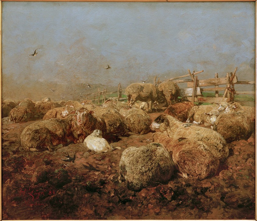 Heinrich von Zügel, Schafe im Pferch (Biologie,Deutsche Kunst,Kunst,Landschaft,Meteorologie,Schafzucht,Sezession,Vogel,Wetter,Zoologie,Schwalbe,Zaun,Realismus,Schaf,Acker,Tierleben,Tierhaltung,Lamm,Unwetter,Wetterumschwung,Tier,Schafherde,Herde,Jungtier,Vieh,Pferch,Münchner Sezession,Schlecht)
