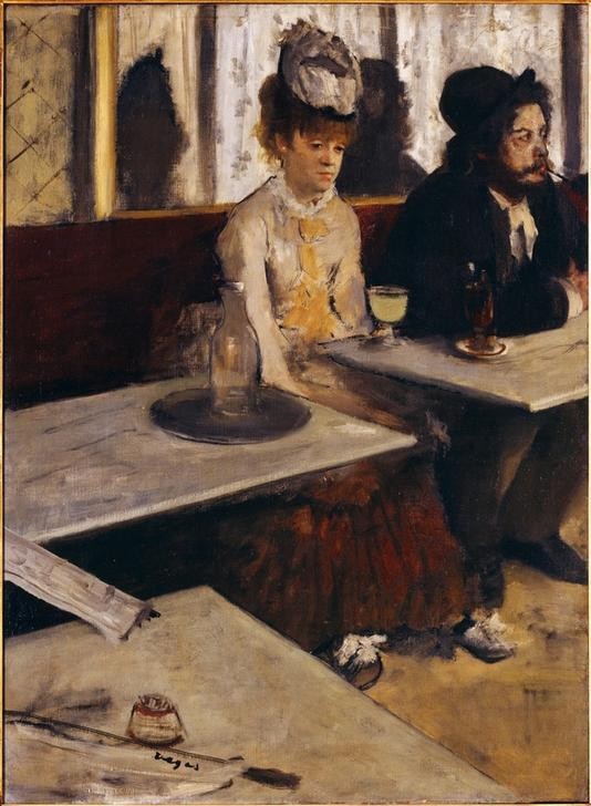 Edgar Degas, Dans un café, ou L’absinthe (Alkohol,Essen Und Trinken,Frau,Gastronomie,Künstlerleben,Mann,Möbel,Freizeit,Tabak,Impressionismus,Hut,Rauchen,Trinken,Tisch,Alkoholismus,Portrait,Langeweile,Französische Kunst,Absinth,Rauch,Paar,Cafe,Kleidung (Allgemein),Alkoholiker,Frauenleben,Aussensei)