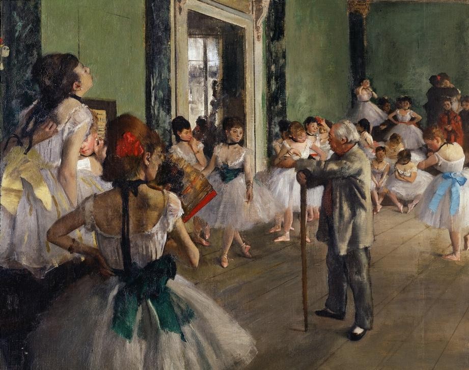 Edgar Degas, La classe de danse (Ballett,Fächer,Ballettmeister,Jugend (Lebensalter),Kind,Mädchen,Pädagogik,Saal,Schule,Tänzer,Tänzerin,Tanz,Impressionismus,Unterricht,Französische Kunst,Tanzschule,Tanzlehrer,Kleidung (Allgemein),Holzfussboden,Tutu (Ballett),Ausschnitt)