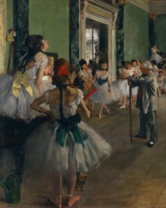 Edgar Degas, La classe de danse (Ballett,Fächer,Ballettmeister,Jugend (Lebensalter),Kind,Mädchen,Pädagogik,Saal,Schule,Tänzer,Tänzerin,Tanz,Impressionismus,Unterricht,Französische Kunst,Tanzschule,Tanzlehrer,Kleidung (Allgemein),Holzfussboden,Tutu (Ballett),Ausschnitt)