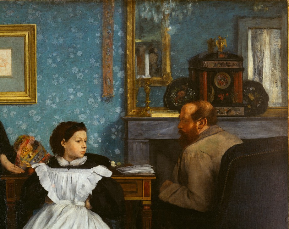Edgar Degas, La famille Bellelli (Eltern Mit Kind,Familie,Gruppenbild,Kindermode,Kind,Mädchen,Mensch,Mode,Spiegel,Tapete,Vater,Wohnung,Impressionismus,Tisch,Vater Und Kind,Tochter,Vater Und Tochter,Interieur,Bürgertum,Schürze,Französische Kunst,Kleid,Familienleben,Sessel,Flügelschürze,Aus)