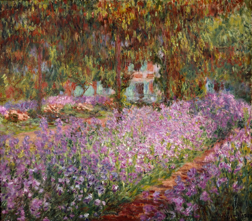 Claude Monet, Le jardin de Monet, les iris (Botanik,Garten Und Park,Iris (Botanik),Kunst,Landschaft,Impressionismus,Französische Kunst,Harmonie,Ziergarten,Blume,Jahrhundertwende,Blumenbeet,Lila,Garten)