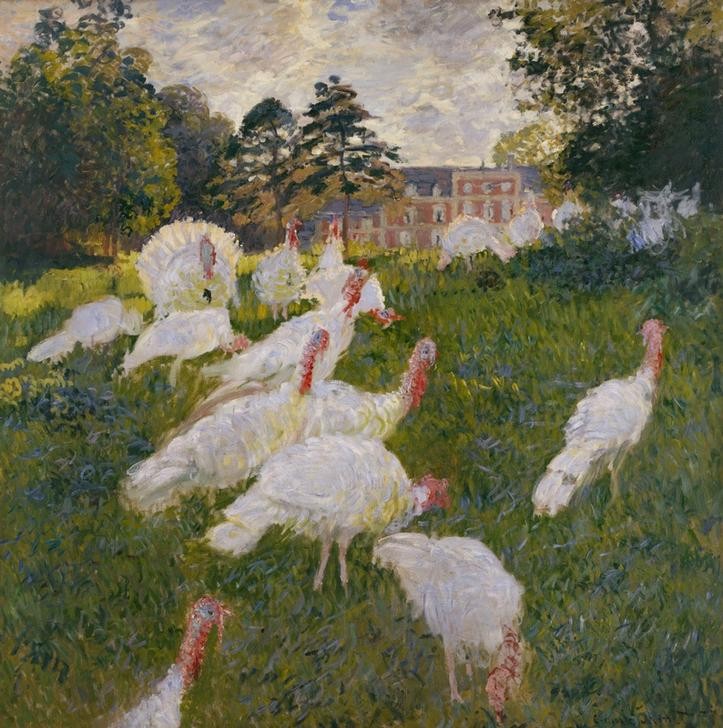 Claude Monet, Les dindons. Château de Rottembourg, à Montgeron (Essonne) (Biologie,Geflügelzucht,Naturwissenschaft,Schloss,Villa,Vogel,Zoologie,Impressionismus,Geflügel,Französische Kunst,Im Freien (Allgemein),Haustier,Tierleben,Truthahn,Tierhaltung,Tier,Ornithologie,Nutztier,Landwirtschaft)