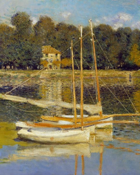 Claude Monet, Le Pont d’Argenteuil (Architektur,Brücke,Kunst,Landschaft,Schiff,Wasser,Impressionismus,Segelboot,Fluss,Spiegelung,Französische Kunst,Mast,Ausschnitt,Schifffahrt,Vier Elemente)