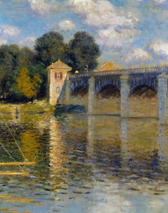 Claude Monet, Le Pont d’Argenteuil (Architektur,Brücke,Kunst,Landschaft,Schiff,Wasser,Impressionismus,Segelboot,Fluss,Spiegelung,Französische Kunst,Mast,Ausschnitt,Schifffahrt,Vier Elemente)