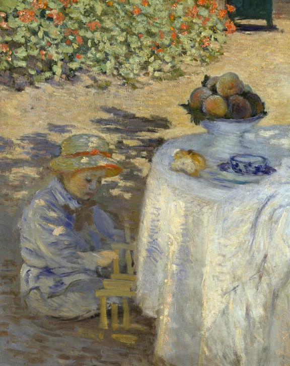 Claude Monet, Le Déjeuner (Botanik,Essgeschirr,Kaffee,Kind,Künstlerleben,Obst,Park,Picknick,Spiel,Tafelsitten,Tageszeiten,Impressionismus,Frühstück,Schatten,Gartenmöbel,Hausgarten,Mittagessen,Tischtuch,Künstlerhaus (Wohnhaus),Französische Kunst,Harmonie,Bauklötze,Menschen Im Garten)