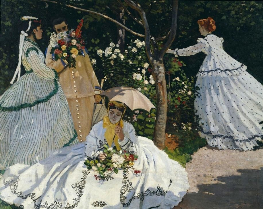 Claude Monet, Femmes au jardin (Botanik,Damenmode,Frau,Garten Und Park,Jahreszeiten,Jugend (Lebensalter),Menschen Im Park,Mode,Freizeit,Sommer,Impressionismus,Schatten,Portrait,Baum,Sonnenschirm,Blumenstrauss,Bürgertum,Französische Kunst,Licht,Riechen,Sinne,Kleid,Rote Haare,Harmonie,Syn)