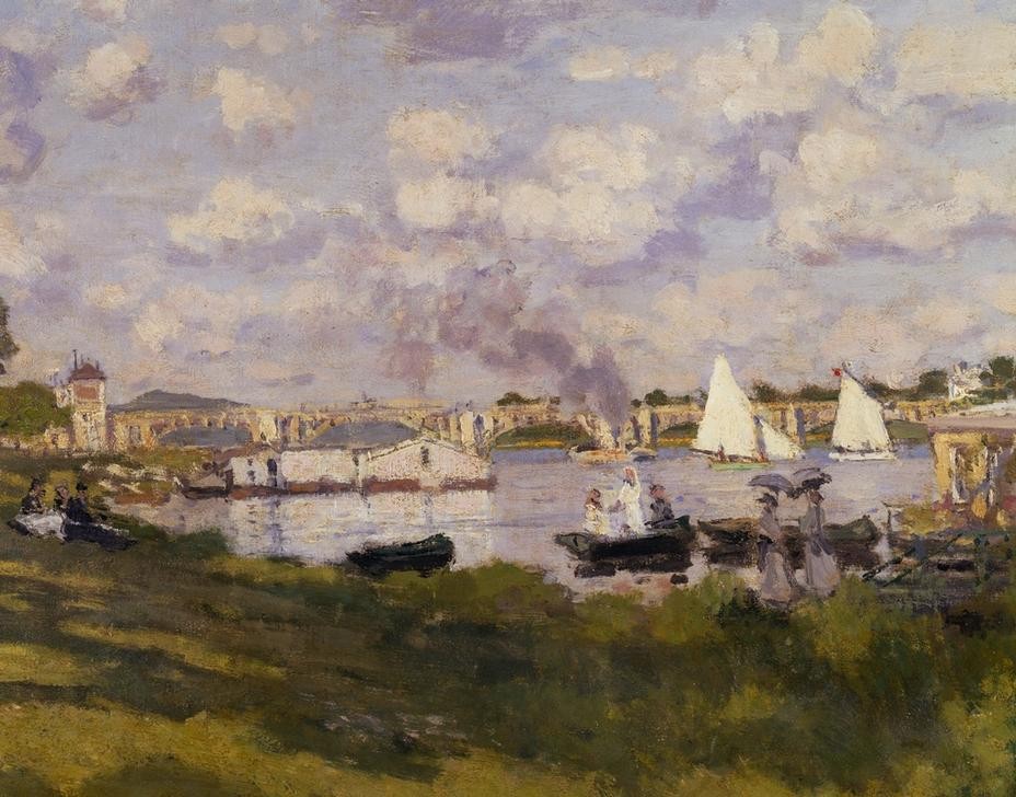 Claude Monet, Le bassin d’Argenteuil (Ausflug,Kunst,Landschaft,Freizeit,Schiff,Sommer,Uferpromenade,Urlaub,Wasser,Impressionismus,Segelboot,Fluss,Französische Kunst,Ufer,Ausschnitt,Vier Elemente)