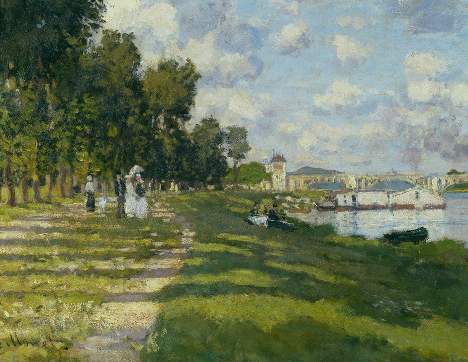 Claude Monet, Le bassin d’Argenteuil (Ausflug,Kunst,Landschaft,Freizeit,Schiff,Sommer,Uferpromenade,Urlaub,Wasser,Impressionismus,Segelboot,Fluss,Französische Kunst,Ufer,Ausschnitt,Vier Elemente)