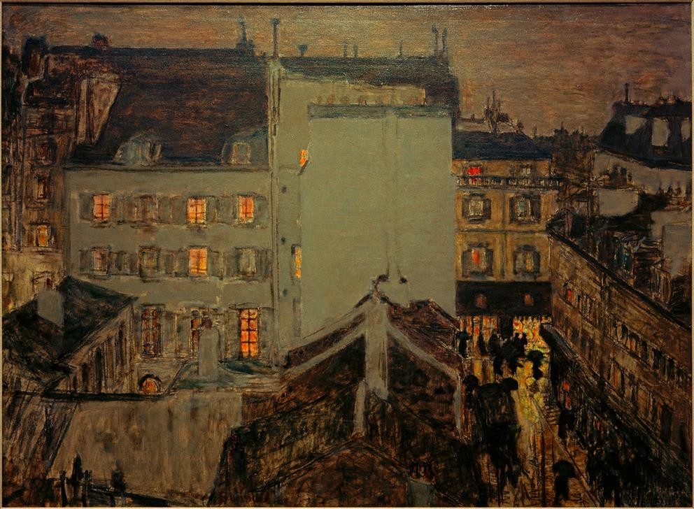 Pierre Bonnard, Montmartre im Regen oder Rue Tholozé (Architektur,Elektrisches Licht,Haus,Kunst,Licht Und Beleuchtung,Regen,Stadt,Strasse (Allgemein),Strassenszene,Wetter,Wohnhaus (Allgemein),Hinterhof,Hof,Tageszeiten,Abend,Nacht,Grossstadt,Architekturdarstellung,Blick Aus Dem Fenster,Französische Kunst,Dach)