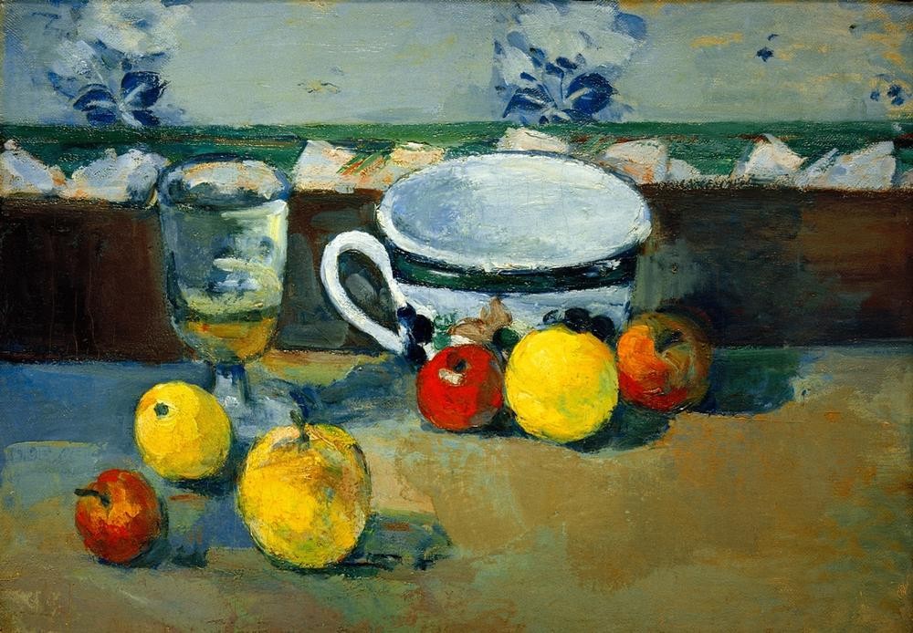 Paul Cézanne, Tasse, Glas und Früchte II (Alkohol,Apfel,Früchte,Glas,Kunst,Obst,Wein,Impressionismus,Nahrungsmittel,Stillleben,Französische Kunst,Weinglas,Weisswein,Trinkgeschirr,Trinkglas,Tasse,Geschirr (Haushalt))