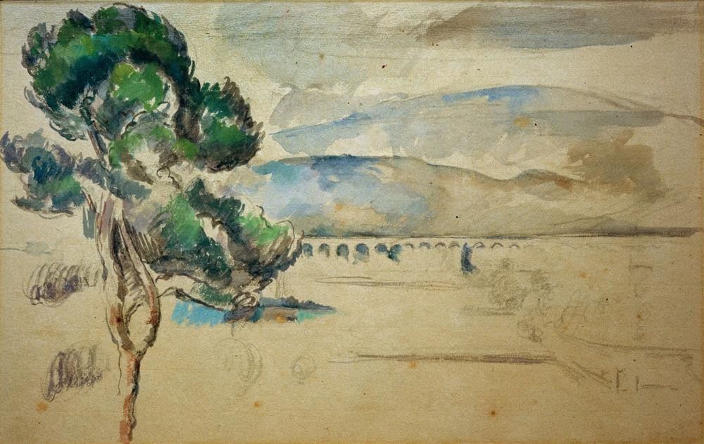Paul Cézanne, Das Tal des Arc mit Viadukt und einer Pinie (Gebirge,Kunst,Landschaft,Baum,Viadukt,Tal,Französische Kunst,Pinie,Berg)