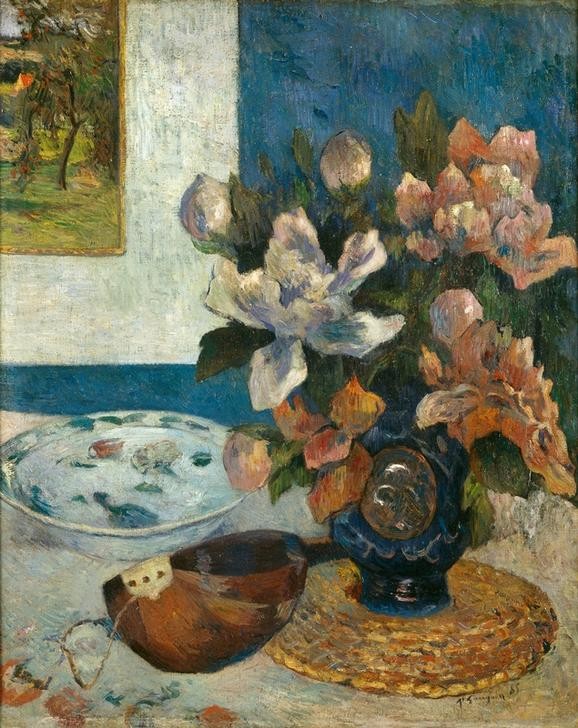 Paul Gauguin, Nature morte à la mandoline (Kunst,Mandoline,Musik,Saiteninstrument,Impressionismus,Instrument,Stillleben,Schale (Gefäss),Blumenstrauss,Vase,Französische Kunst,Blume)