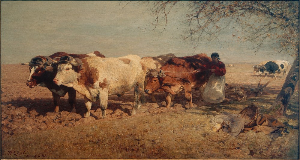 Heinrich von Zügel, Ochsenviergespann (Ackerbau,Arbeit,Biologie,Deutsche Kunst,Frau,Geräte,Kunst,Landschaft,Mensch,Pflug,Rinderzucht,Rind,Sezession,Zoologie,Realismus,Baum,Bäuerin,Seil,Acker,Feld,Korb,Gespann,Tierleben,Landleben,Frau Und Tier,Zugtier,Frauenleben,Tier,Landbevölkerung,Ochsengesp)