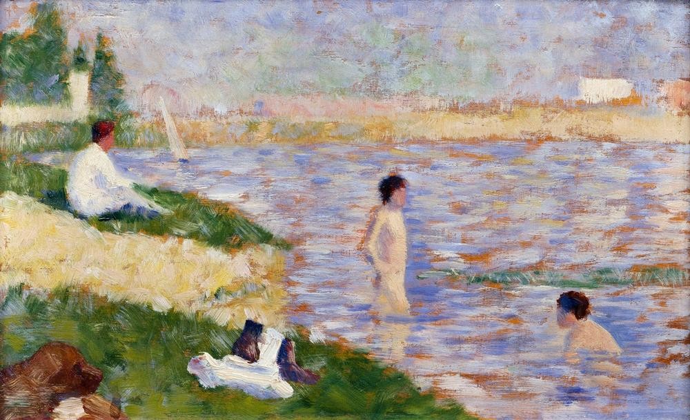 Georges Seurat, Une baignade à Asnières (Ausflug,Bad Im Freien,Bad,Industrie,Kind,Kunst,Landschaft,Mann,Mode,Freizeit,Schwimmen,Sport,Urlaub,Wasser,Impressionismus,Herr Und Hund,Fluss,Pointillismus,Wiese,Studie,Französische Kunst,Knabe,Sonnenhut,Harmonie,Ufer,Leben,Hitze,Kinderleben,Entspannung,)