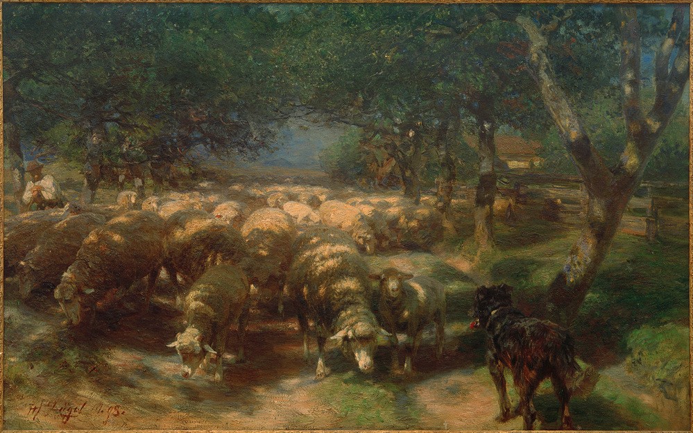 Heinrich von Zügel, Schafherde mit Hund (Allee,Bauer (Landwirt),Bauernhaus,Bauernhof,Biologie,Deutsche Kunst,Haus,Kunst,Landschaft,Mann,Mensch,Schafzucht,Sezession,Zoologie,Impressionismus,Hirte,Hund,Baum,Schaf,Weg,Tierleben,Landleben,Lamm,Hirtenhund,Tier,Schafherde,Landbevölkerung,Herde,Jungtie)