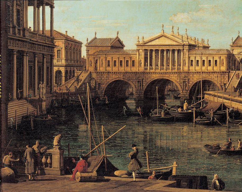 Giovanni Antonio Canaletto, Capriccio mit dem Ponte di Rialto in Venedig nach dem Entwu (Capriccio (Malerei),Kunst,Rokoko,Architekturdarstellung,Italienische Kunst,Ausschnitt)