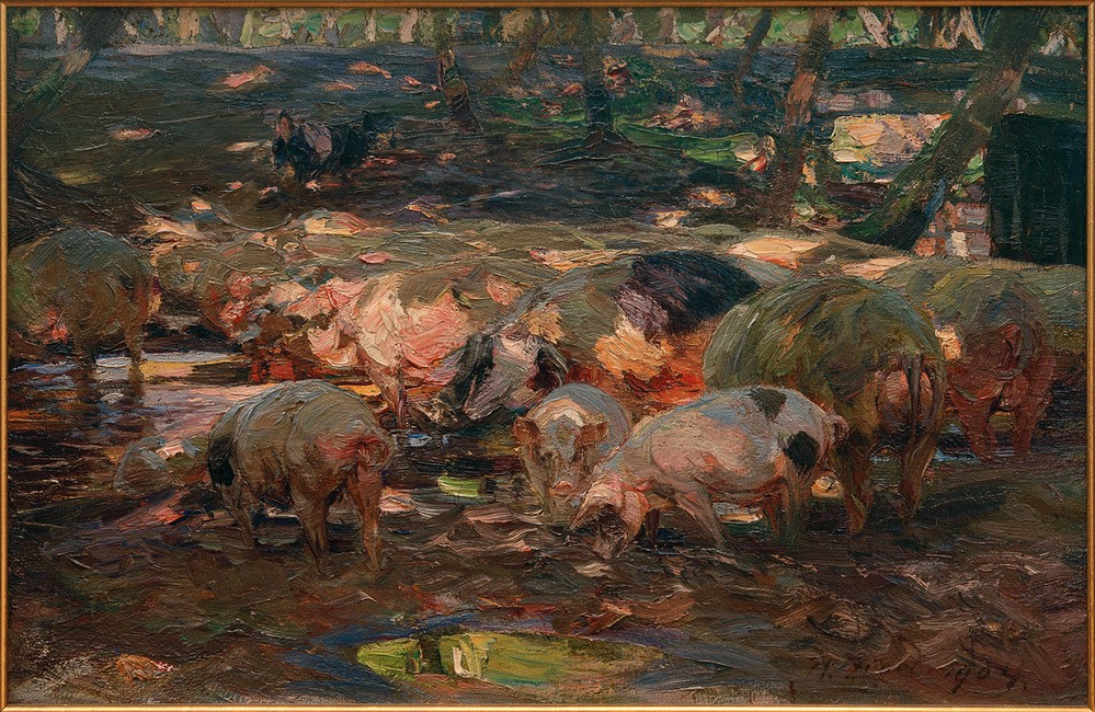 Heinrich von Zügel, Schweineherde an der Altrheinbrücke (Architektur,Biologie,Brücke,Deutsche Kunst,Kunst,Landschaft,Schwein,Sezession,Zoologie,Impressionismus,Fluss,Baum,Architekturdarstellung,Tierleben,Tierhaltung,Ufer,Schweinezucht,Tier,Herde,Licht Und Schatten,Jahrhundertwende,Vieh,Münchner Sezession,Freila)