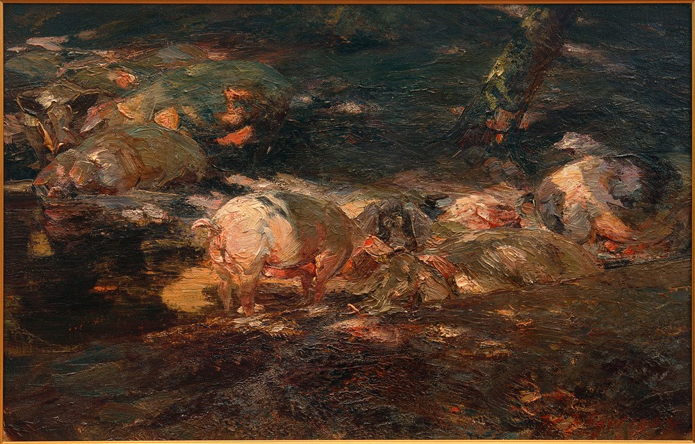 Heinrich von Zügel, Schweineherde im Walde am Wasser (Biologie,Deutsche Kunst,Gewässer,Kunst,Landschaft,Rast,Schwein,Sezession,Wasser,Zoologie,Wald,Impressionismus,Trinken,Tränke,Tierleben,Tierhaltung,Ufer,Schweinezucht,Ausruhen,Tier,Herde,Licht Und Schatten,Jahrhundertwende,Vieh,Liegen,Münchner Sezession,Fr)